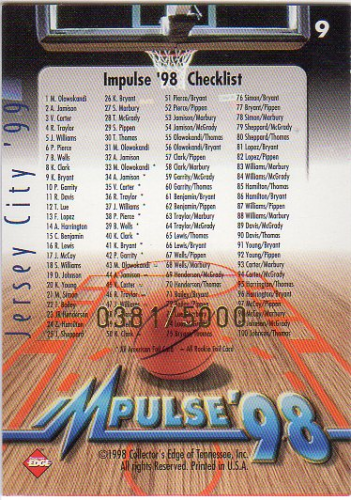 1998 Collector's Edge Impulse Jersey City '99 Gold #9 Kobe Bryant - Serial #'d/5000 back image