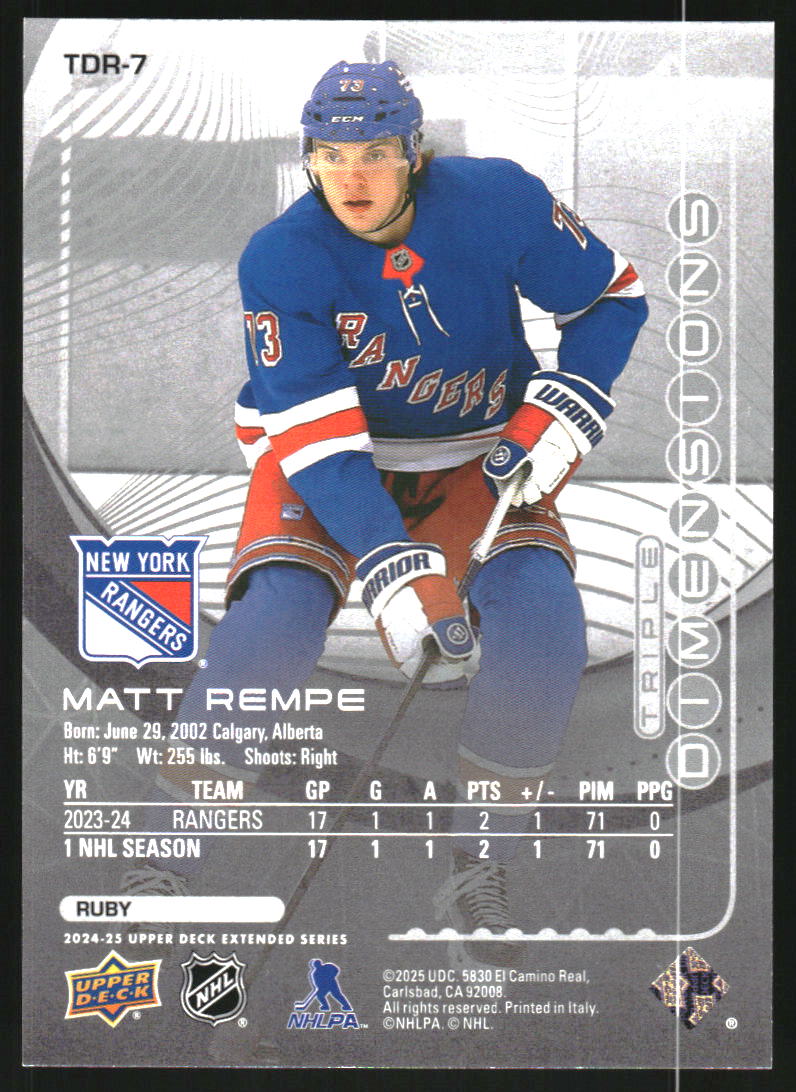 2024-25 Upper Deck Triple Dimensions Reflections Ruby #TDR7 Matt Rempe /500