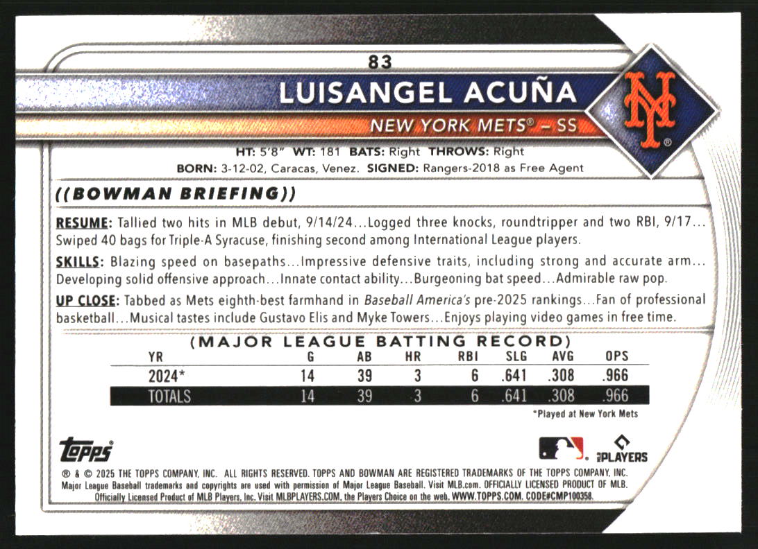 2025 Bowman Chrome Red Rookie Logo #83 Luisangel Acuna