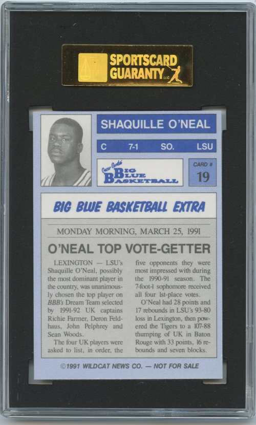 1990-91 Kentucky Big Blue Dream Team/Award Winners #19B Shaquille O'Neal/Unperforated back image