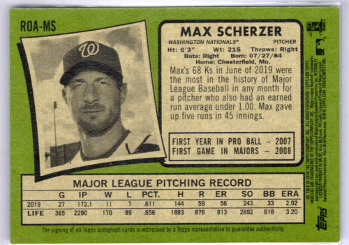 2020 Topps Heritage Real One Autographs #ROA-MS Max Scherzer Autograph Card - SSP back image