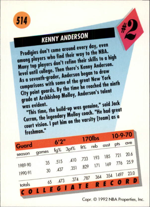 1991-92 SkyBox #514 Kenny Anderson RC back image