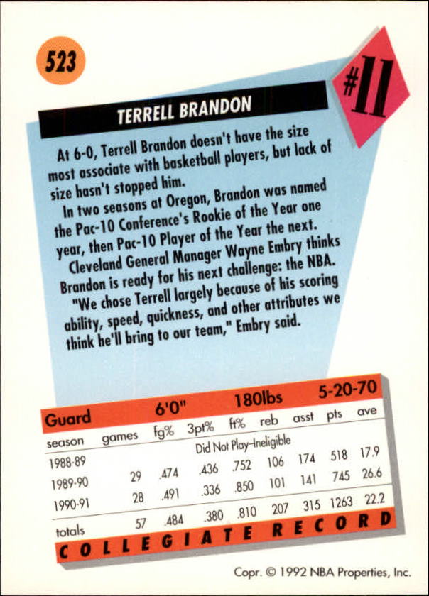 1991-92 SkyBox #523 Terrell Brandon RC back image