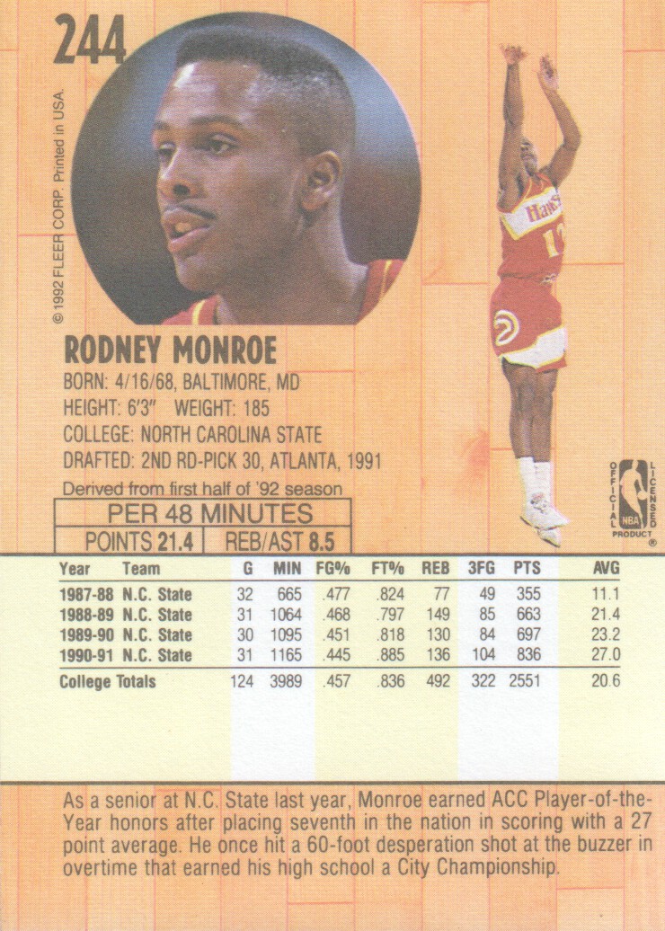 1991-92 Fleer #244 Rodney Monroe RC back image