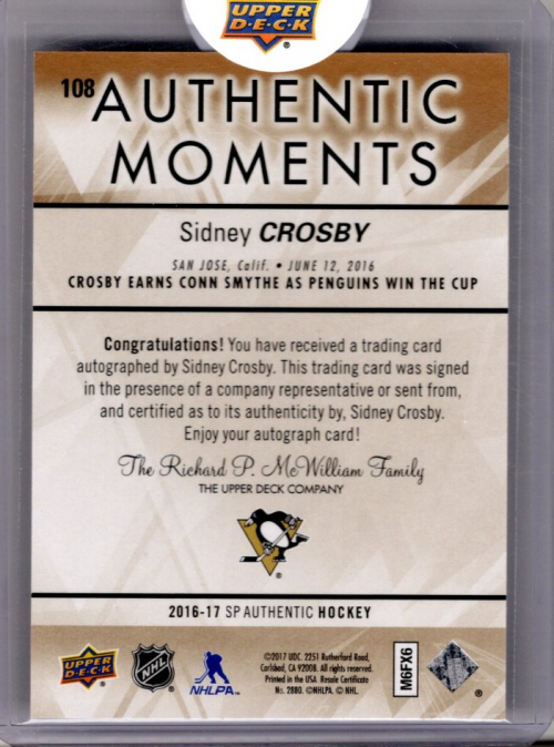 2016-17 SP Authentic Gold Spectrum Autographs #108 Sidney Crosby Authentic Moments SP Autograph Card back image