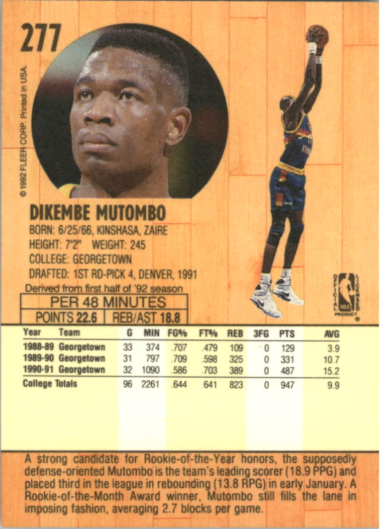 1991-92 Fleer #277B Dikembe Mutombo RC/(Fleer '91-92 on front) back image
