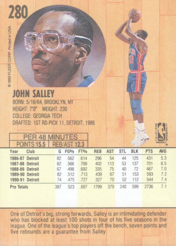1991-92 Fleer #280 John Salley back image