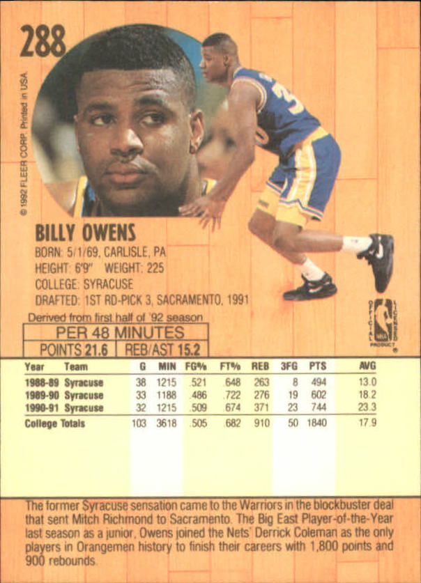 1991-92 Fleer #288 Billy Owens RC back image