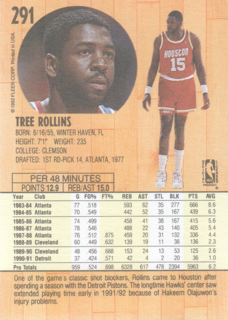 1991-92 Fleer #291 Tree Rollins back image