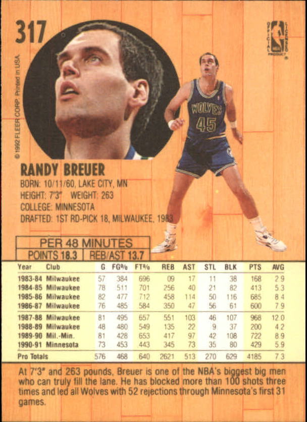 1991-92 Fleer #317 Randy Breuer back image