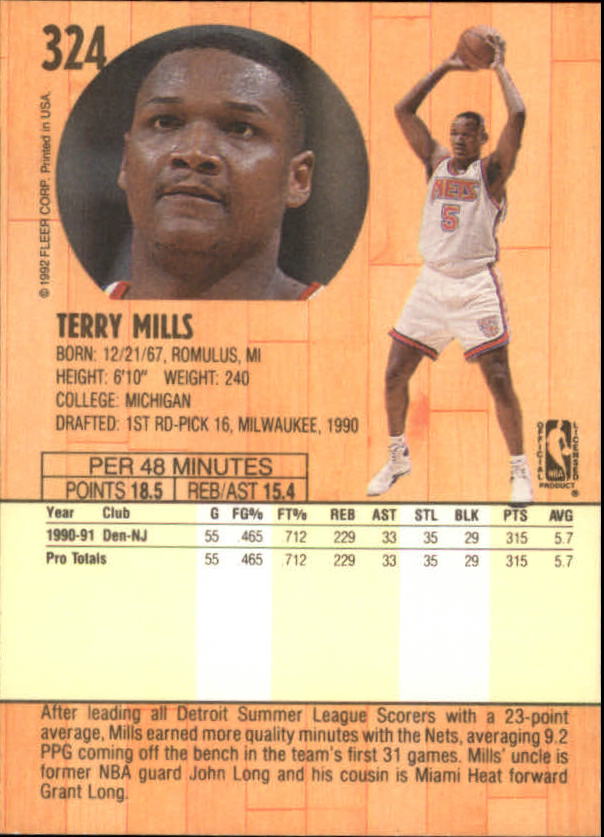 1991-92 Fleer #324 Terry Mills RC back image