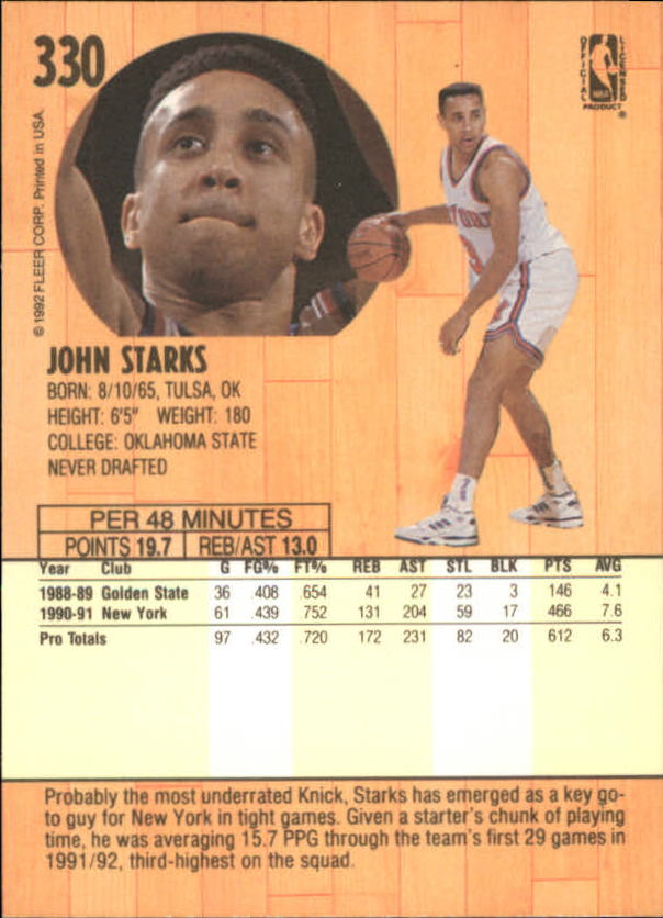 1991-92 Fleer #330 John Starks RC back image