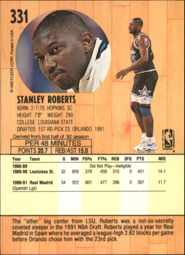 1991-92 Fleer #331 Stanley Roberts RC back image