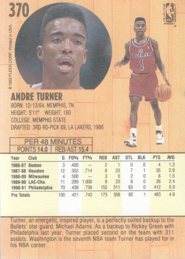 1991-92 Fleer #370 Andre Turner back image