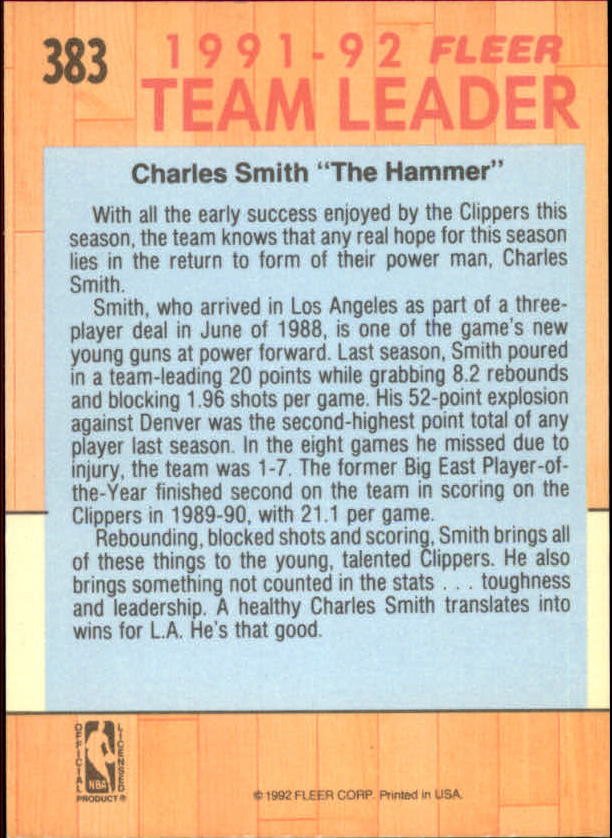 1991-92 Fleer #383 Charles Smith TL back image