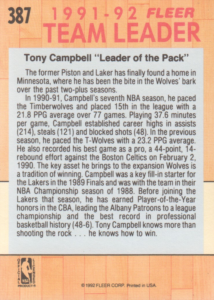 1991-92 Fleer #387 Tony Campbell TL back image