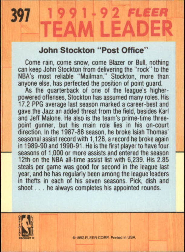 1991-92 Fleer #397 John Stockton TL back image