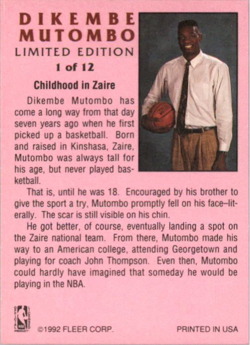 1991-92 Fleer Dikembe Mutombo #1 Dikembe Mutombo/Childhood in Zaire back image