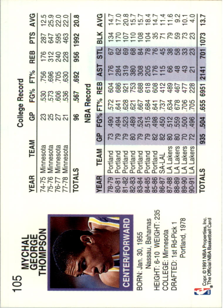 1991-92 Hoops #105 Mychal Thompson back image