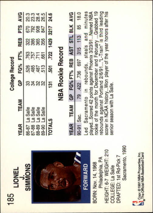 1991-92 Hoops #185 Lionel Simmons back image
