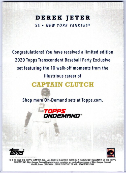 2020 Topps Transcendent Captain's Collection Captain Clutch #9 Derek Jeter - 8/13/2007 Walk Off back image