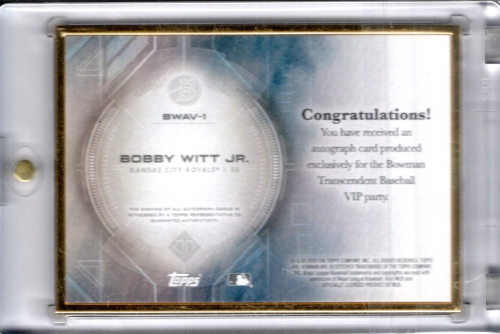 2020 Bowman Transcendent VIP Party Autographs #BWAV1 Bobby Witt Jr. Framed Metal Autograph Card Serial #32/50 back image