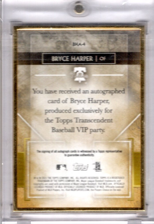 2020 Topps Transcendent VIP Party Autographs #BHA-4 Bryce Harper Framed Metal Autograph Card Serial #09/25 back image