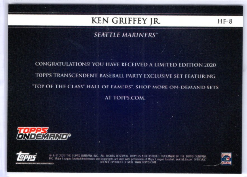 2020 Topps Transcendent VIP Party On Demand Hall of Fame Class of 2016 #HF-8 Ken Griffey, Jr. Serial #15/50 back image
