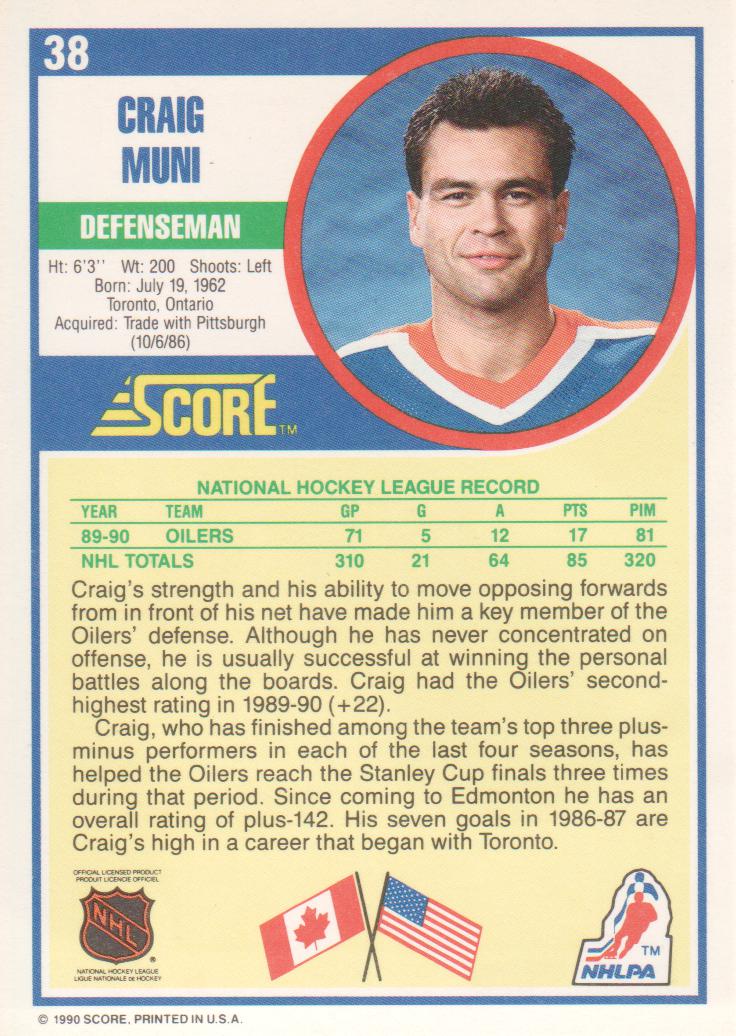 1990-91 Score #38B Craig Muni COR Back Player Image back image