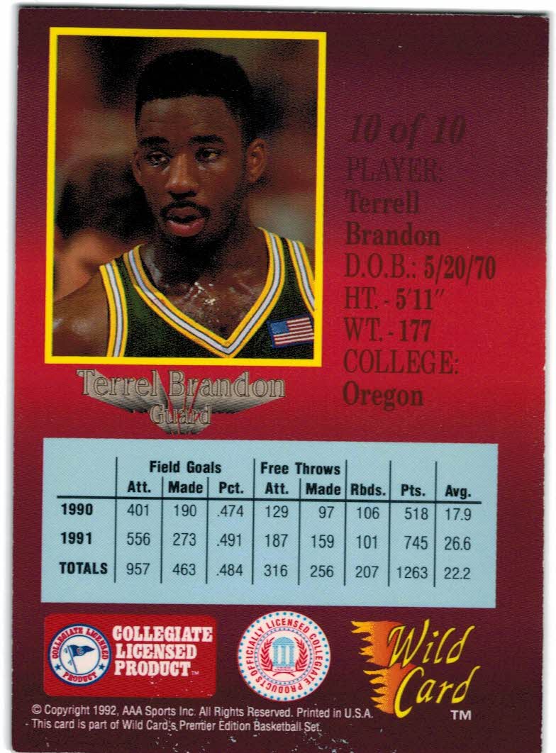 1991-92 Wild Card Red Hot Rookies #10 Terrell Brandon UER/(Name misspelled Terrel on card front) back image