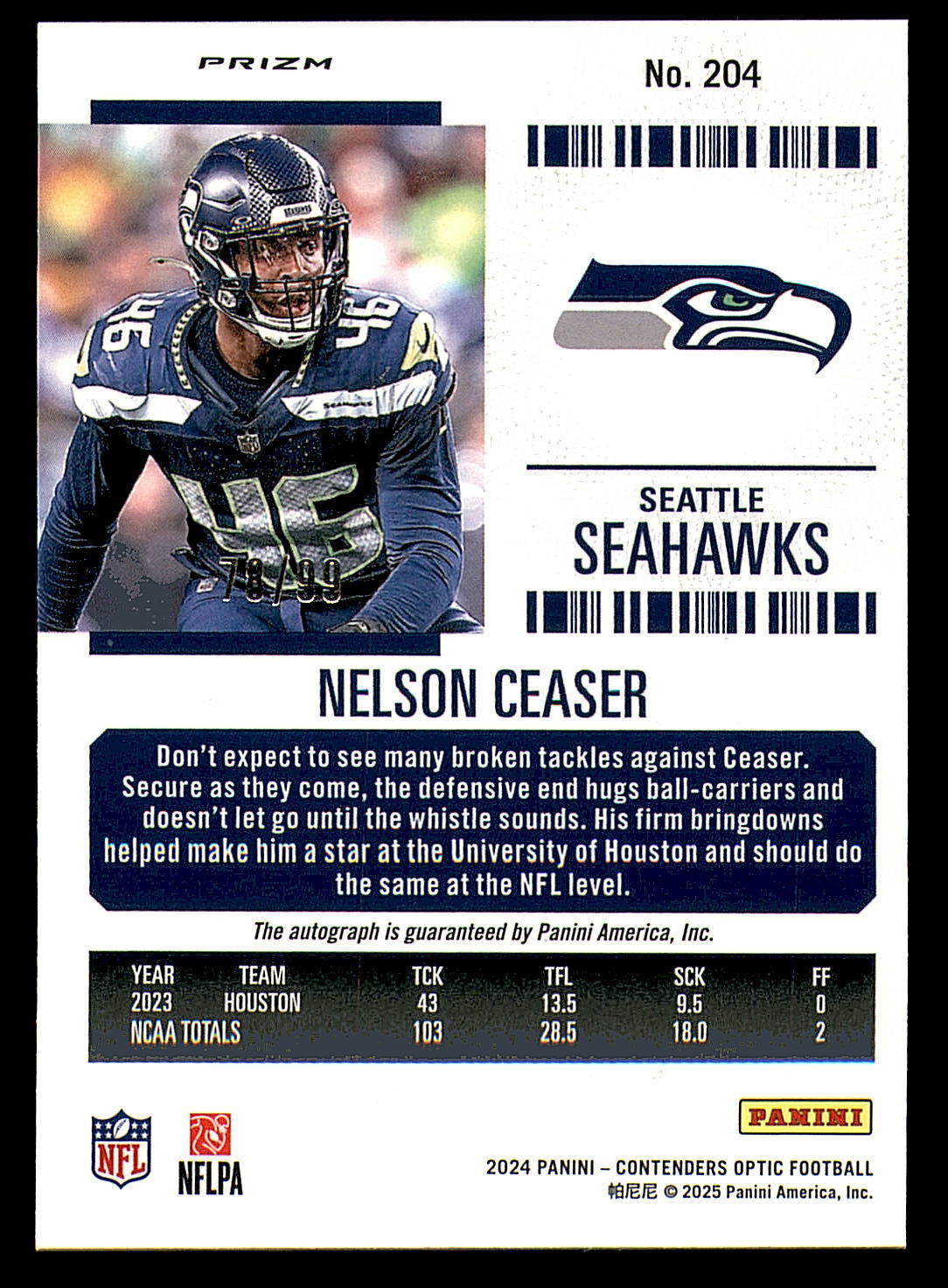2024 Panini Contenders Optic Teal #204 Nelson Ceaser AU back image