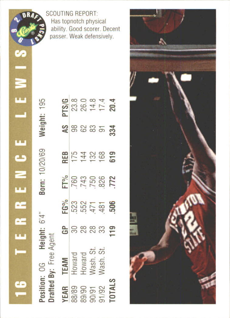 1992 Classic Gold #16 Terrence Lewis back image