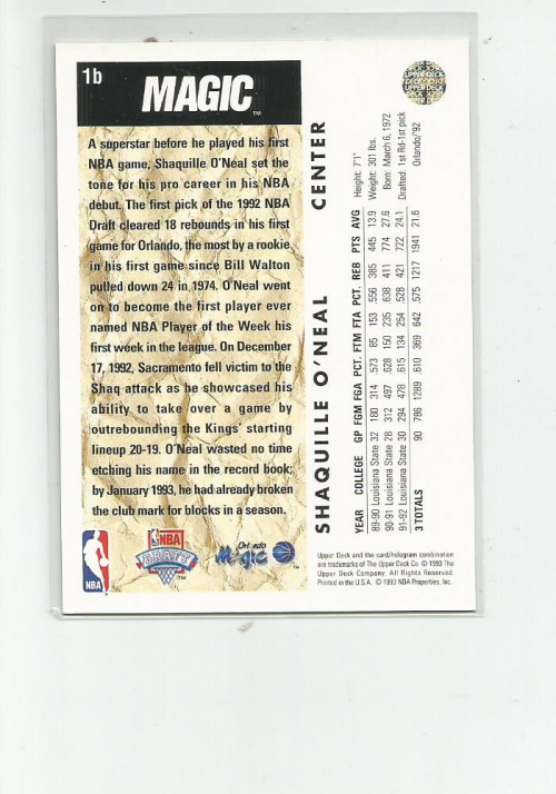 1992-93 Upper Deck #1B Shaquille O'Neal TRADE back image