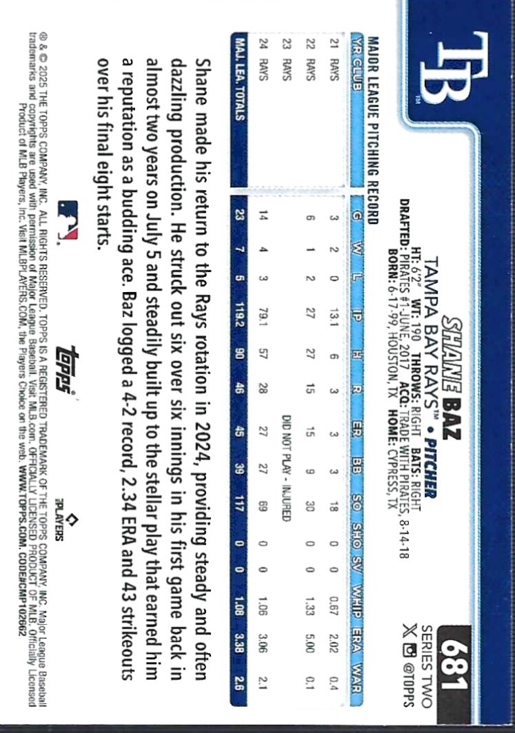 2025 Topps Sandglitter #681 Shane Baz back image