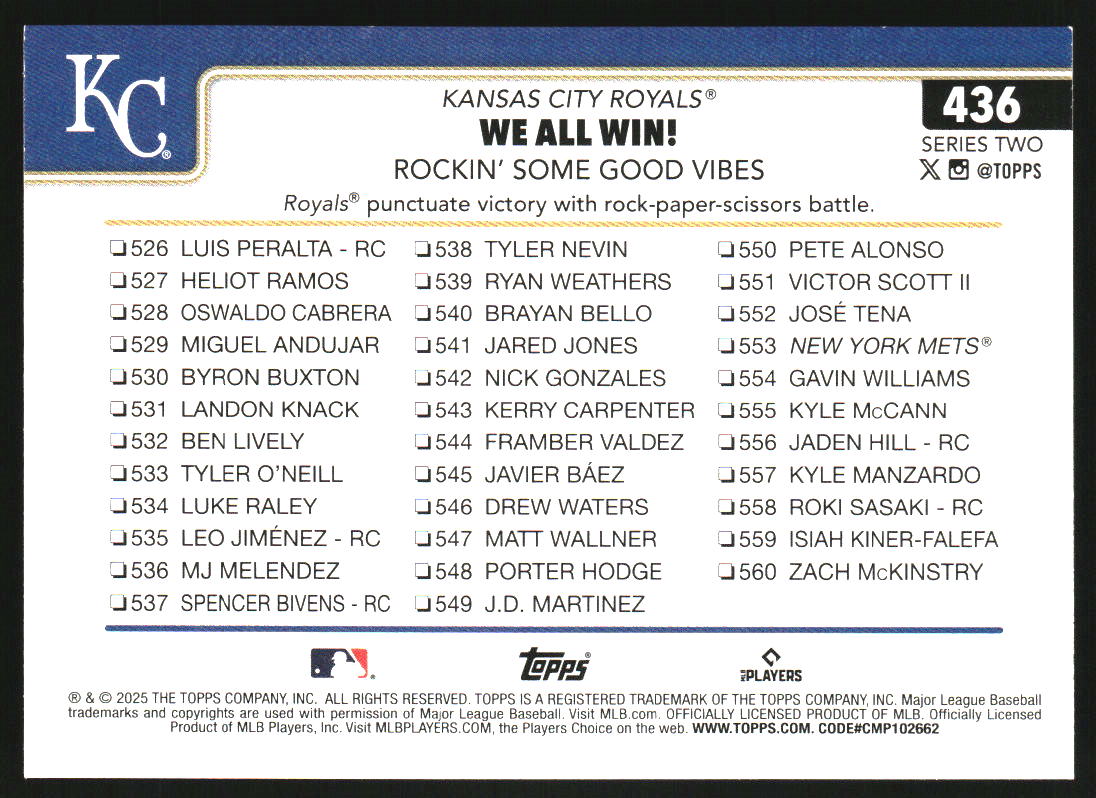 2025 Topps Silver Crackle Foil #436 We All Win! Bobby Witt Jr Salvador Perez Michael Massey Tyler Gentry