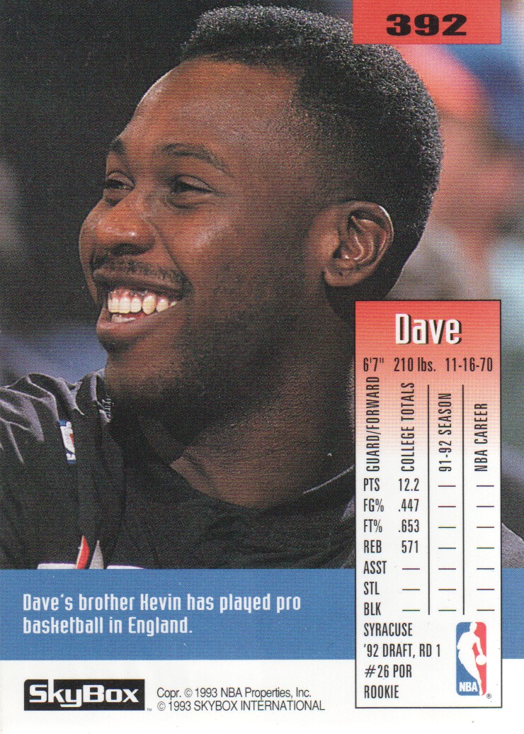 1992-93 SkyBox #392 Dave Johnson SP RC back image