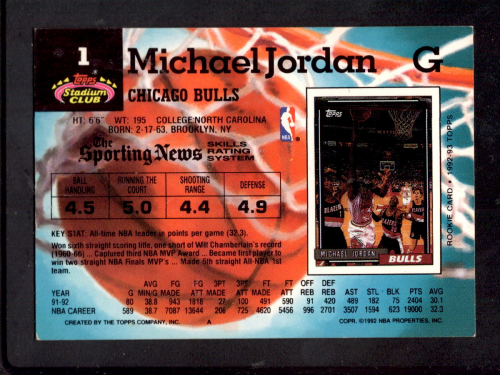 1992-93 Stadium Club #1 Michael Jordan back image