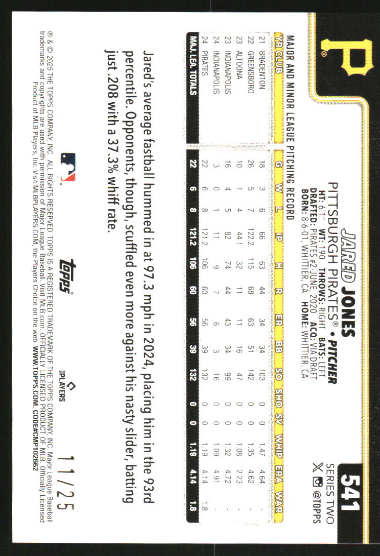 2025 Topps Orange Rainbow Foil #541 Jared Jones /25