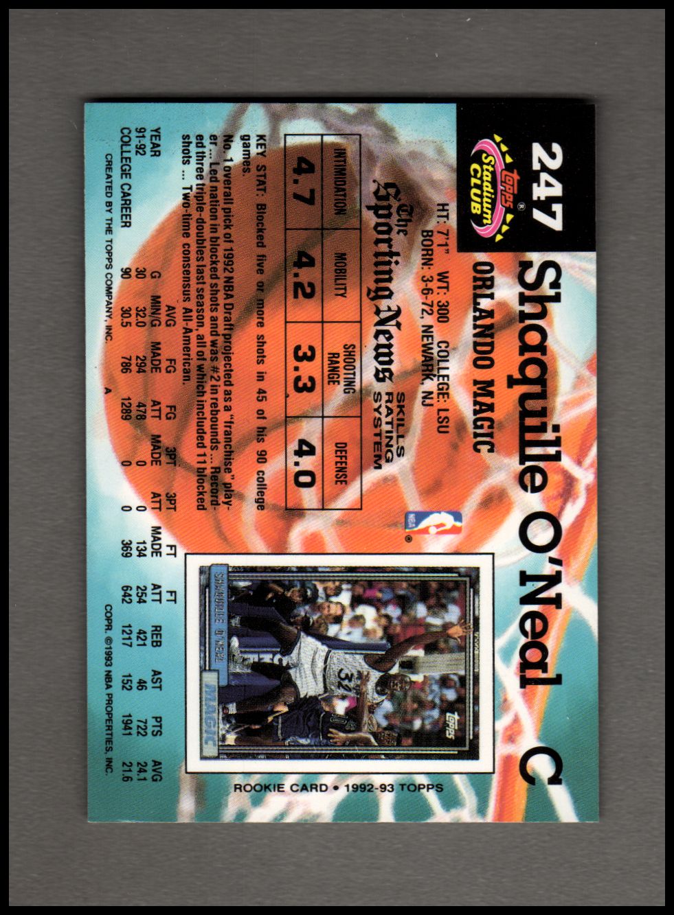 1992-93 Stadium Club #247 Shaquille O'Neal RC back image