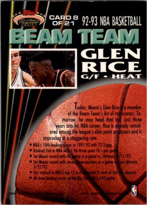 1992-93 Stadium Club Beam Team #8 Glen Rice back image