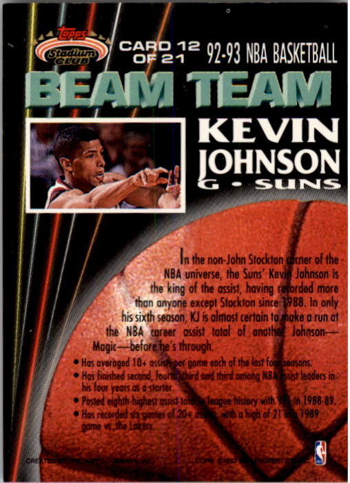1992-93 Stadium Club Beam Team #12 Kevin Johnson back image