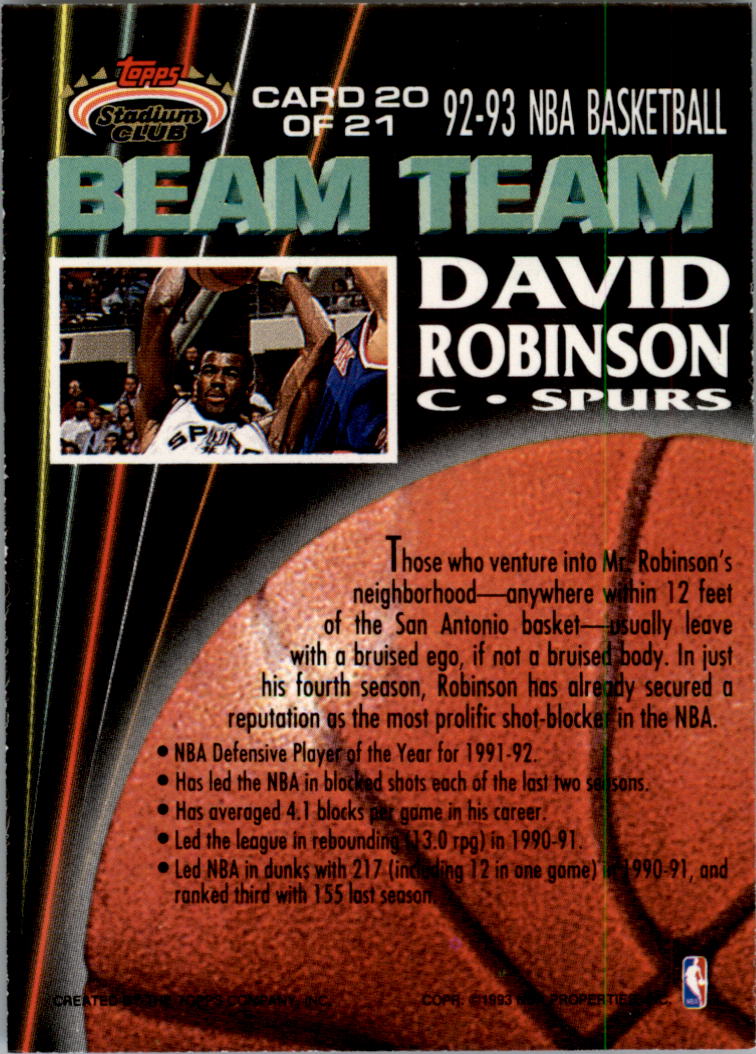 1992-93 Stadium Club Beam Team #20 David Robinson back image