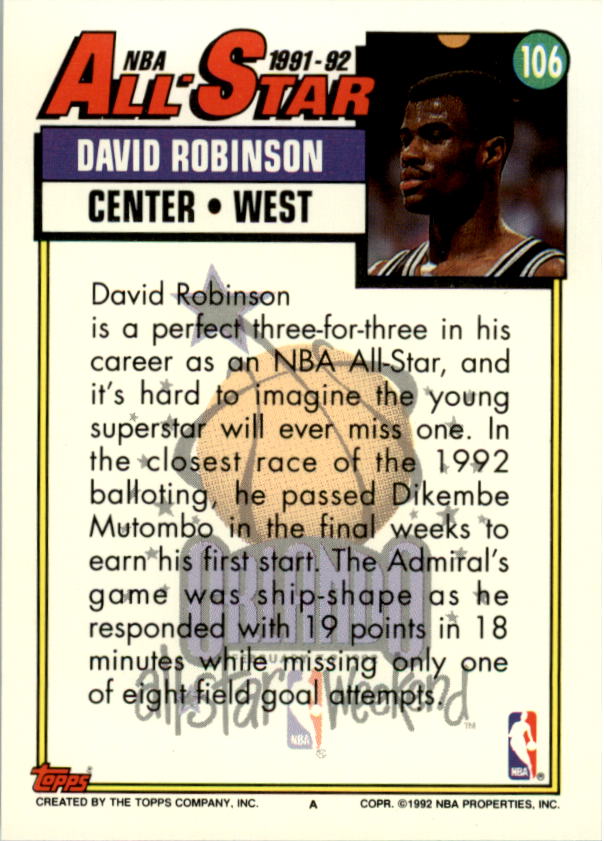 1992-93 Topps #106 David Robinson AS back image