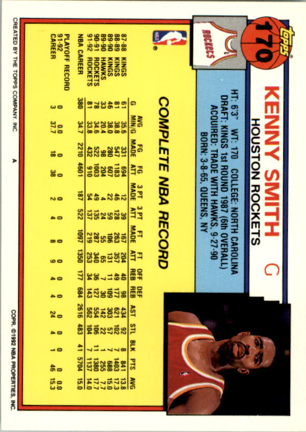 1992-93 Topps #170 Kenny Smith back image