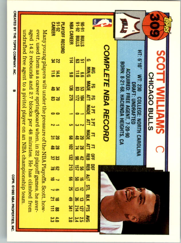 1992-93 Topps #309 Scott Williams back image