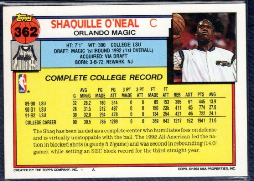 1992-93 Topps #362 Shaquille O'Neal RC back image