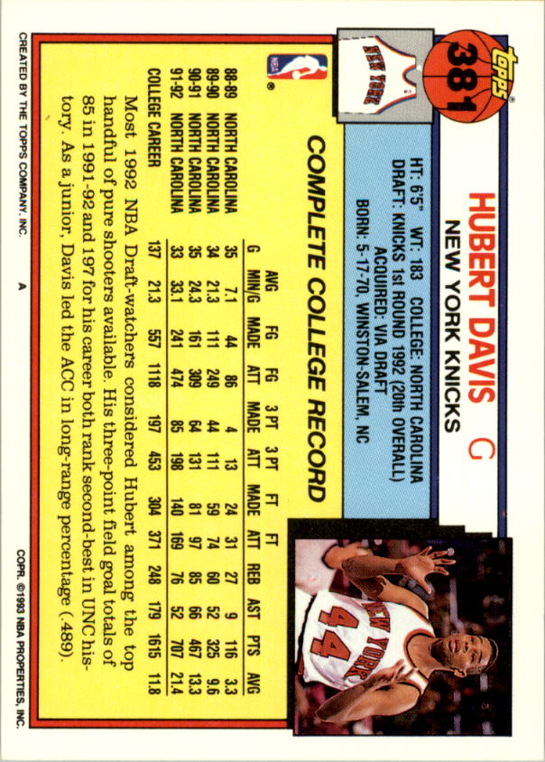 1992-93 Topps #381 Hubert Davis RC back image