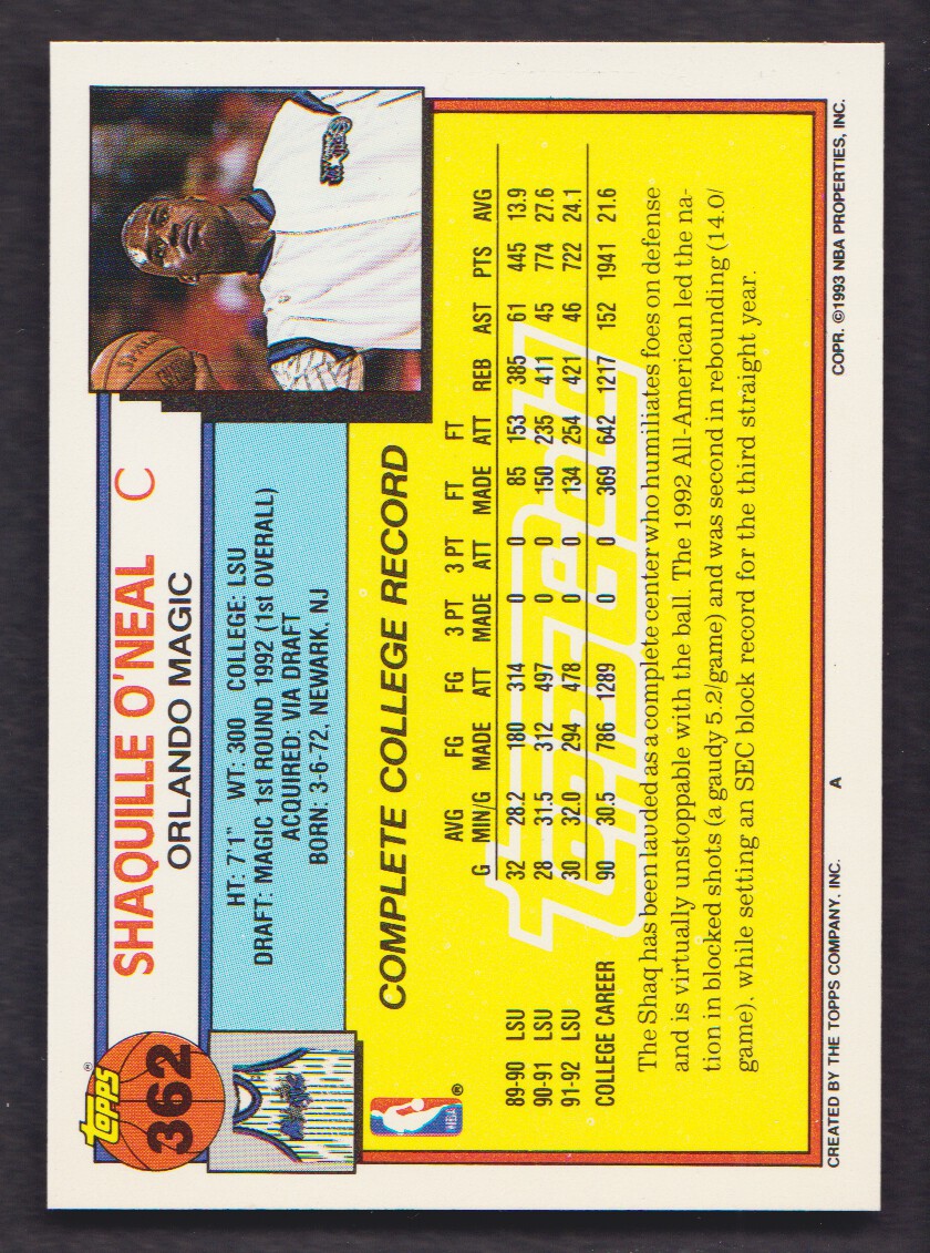 1992-93 Topps Gold #362 Shaquille O'Neal back image