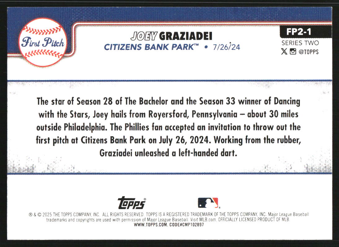 2025 Topps '24 First Pitch Series 2 Pink Foil #FP21 Joey Graziadei back image