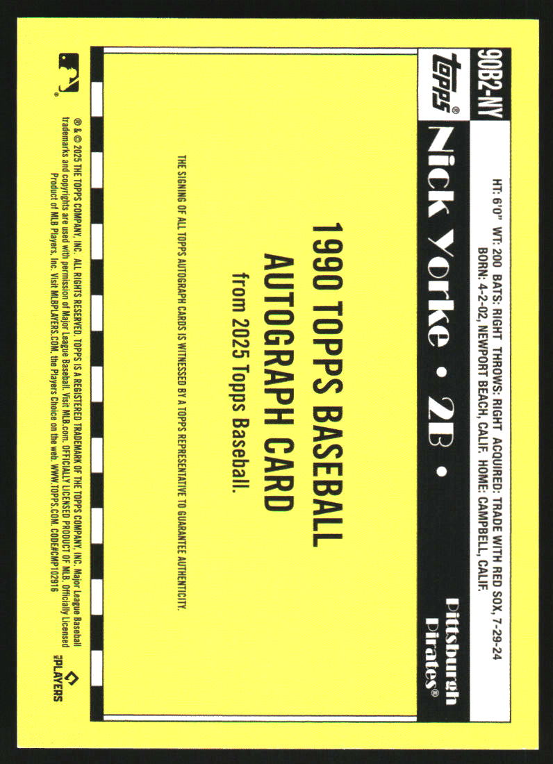 2025 Topps '90 Topps Autographs #90B2NY Nick Yorke S2 Auto